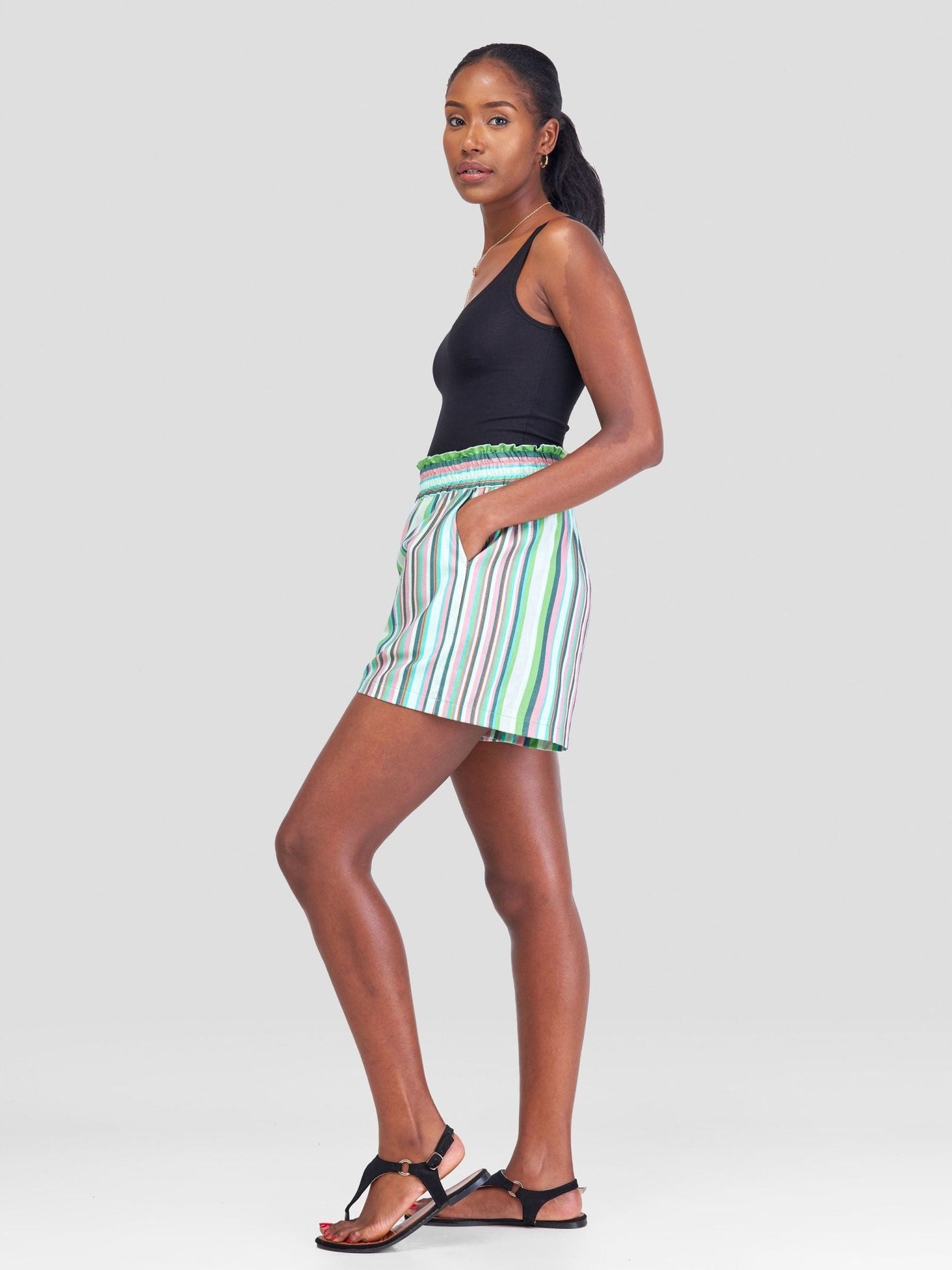 Safari Kikoy Wide Elastic Shorts - Green / Pink Print - Shopzetu