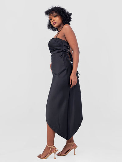 Lola Long Strappy Satin Dress with Pleated Bust - Black - Shopzetu
