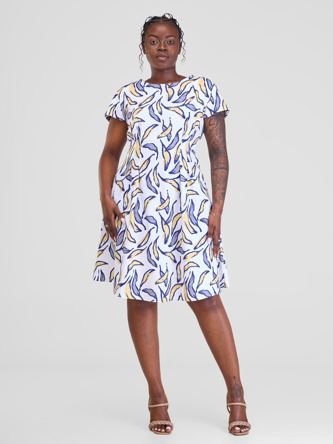 Vivo Ajani Pleated A-line Cap Sleeve Dress - White/Mustard Molo Print - Shopzetu