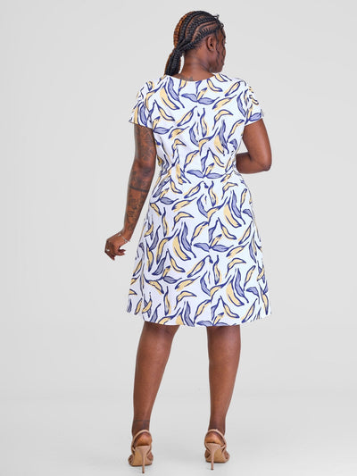 Vivo Ajani Pleated A-line Cap Sleeve Dress - White/Mustard Molo Print - Shopzetu
