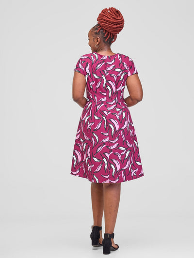 Vivo Ajani Pleated A-line Cap Sleeve Dress - Burgundy/Pink Molo Print - Shopzetu