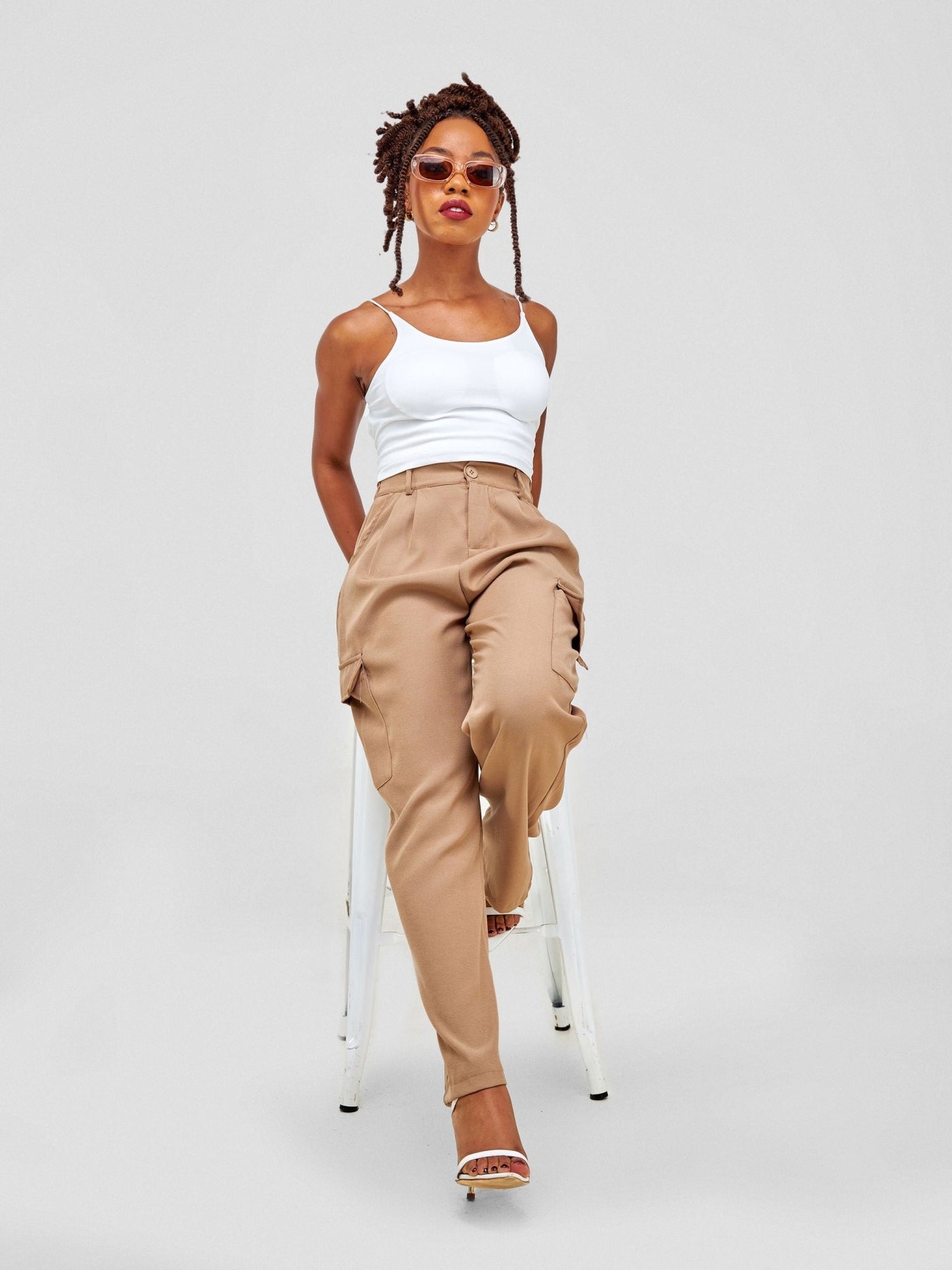 Anika Straight Leg Cargo Pants With Double Pockets - Brown - Shopzetu