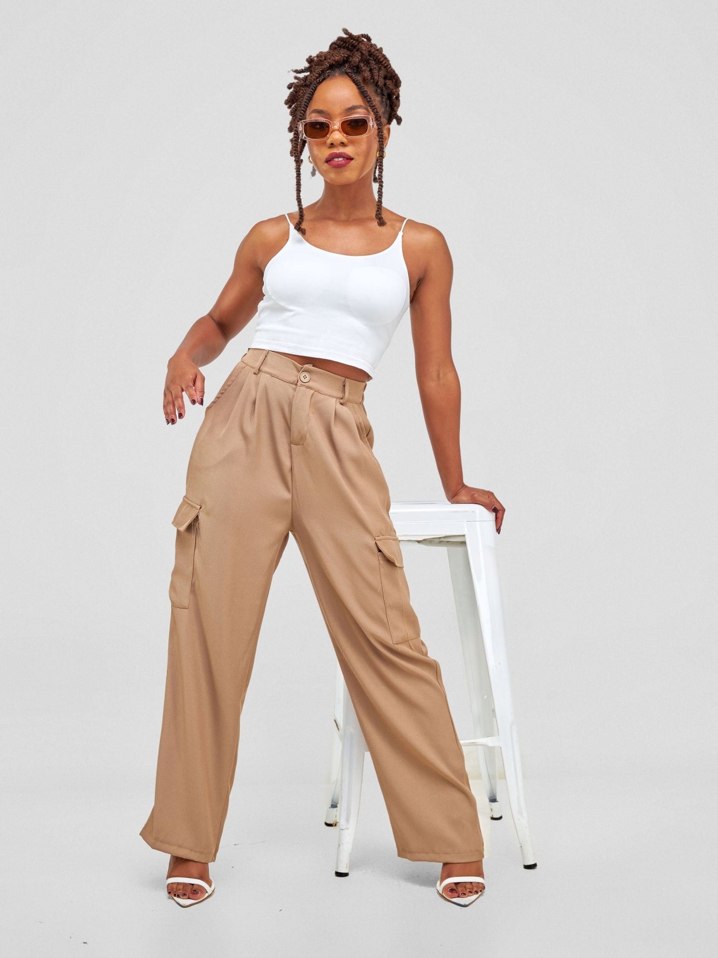 Anika Straight Leg Cargo Pants With Double Pockets - Brown - Shopzetu