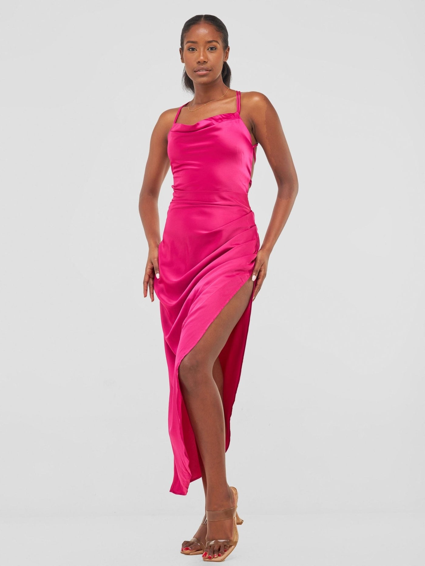 Lola Backless Strappy Satin Dress With High Side Slit - Hot Pink - Shopzetu