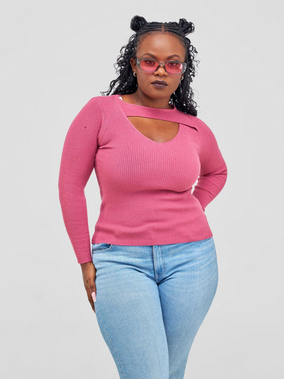 Anika V-Neck With A Front Neck Design Knitted Sweater - Pink - Shopzetu