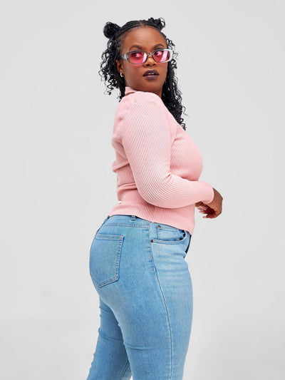 Anika Long Sleeved Sweater Top With Halter Neck Design - Pink - Shopzetu