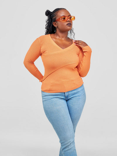 Anika Knitted Top With Front Bust Overlap - Orange - Shopzetu