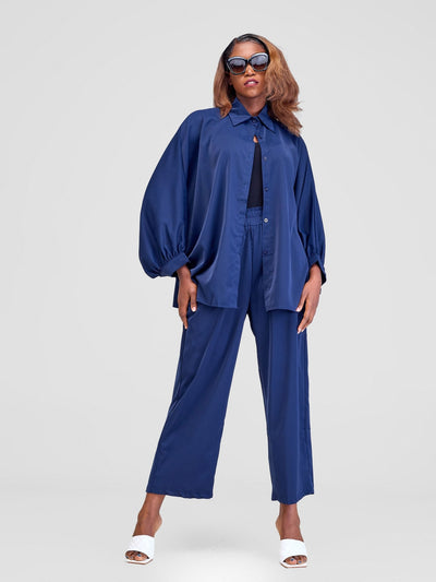 Alara Two Piece Batwing Design Top & Straight Leg Pants - Navy Blue - Shopzetu