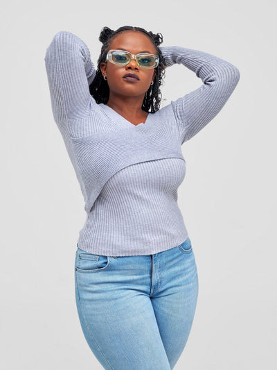 Anika Knitted Top With Front Bust Overlap - Grey - Shopzetu
