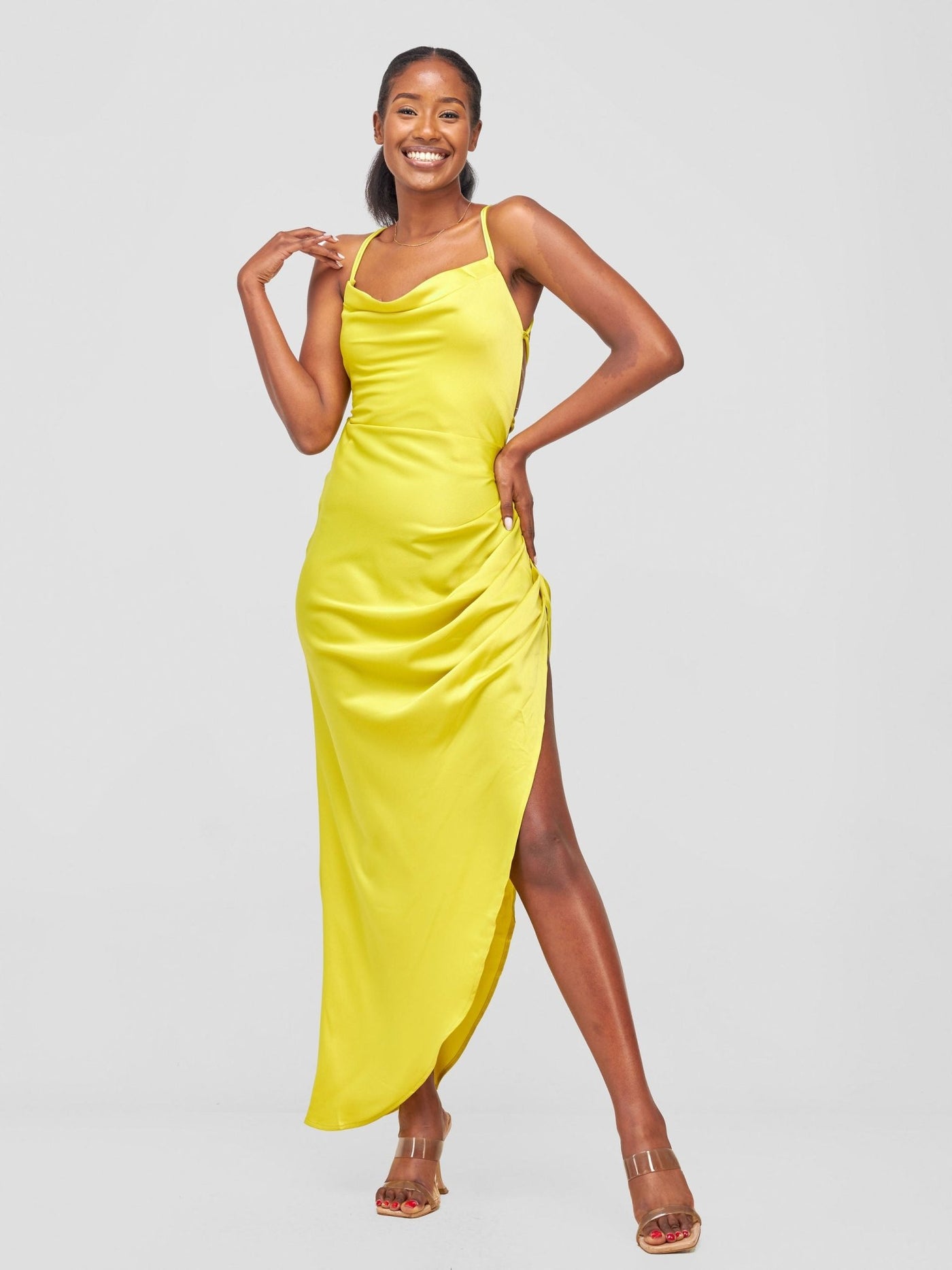 Lola Backless Strappy Satin Dress With High Side Slit - Lime - Shopzetu