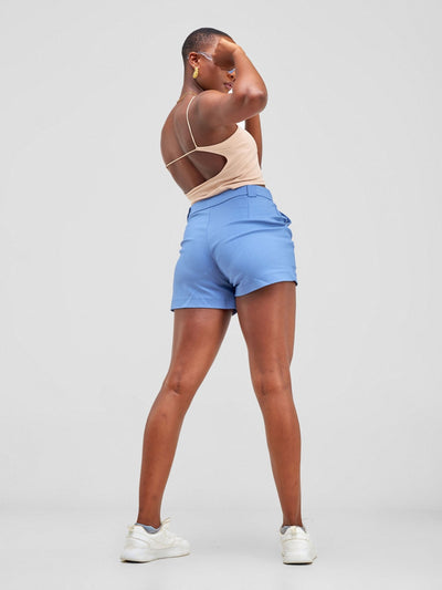 Anika Aline Pleated Short With Angular Pocket & Zipper On The Side - Blue - Shopzetu