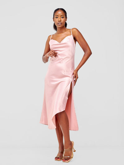Lola Satin Slip Dress With Side Buttons - Baby Pink - Shopzetu