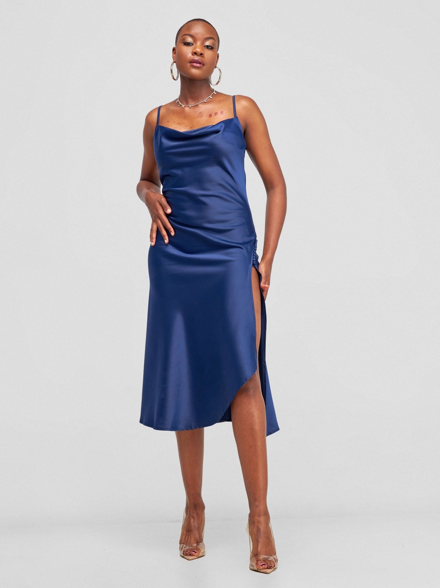 Lola Satin Slip Dress With Side Buttons - Navy Blue - Shopzetu