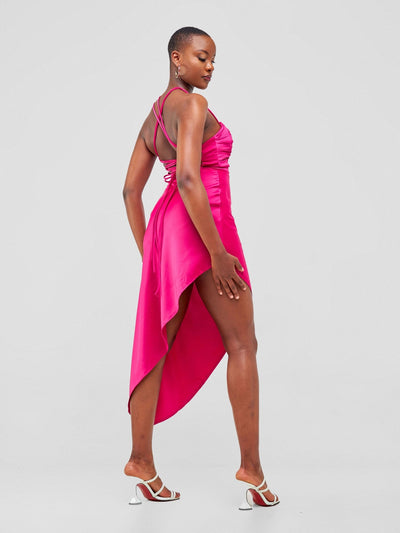 Lola Long Strappy Satin Dress with Pleated Bust - Hot Pink - Shopzetu