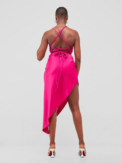 Lola Long Strappy Satin Dress with Pleated Bust - Hot Pink - Shopzetu