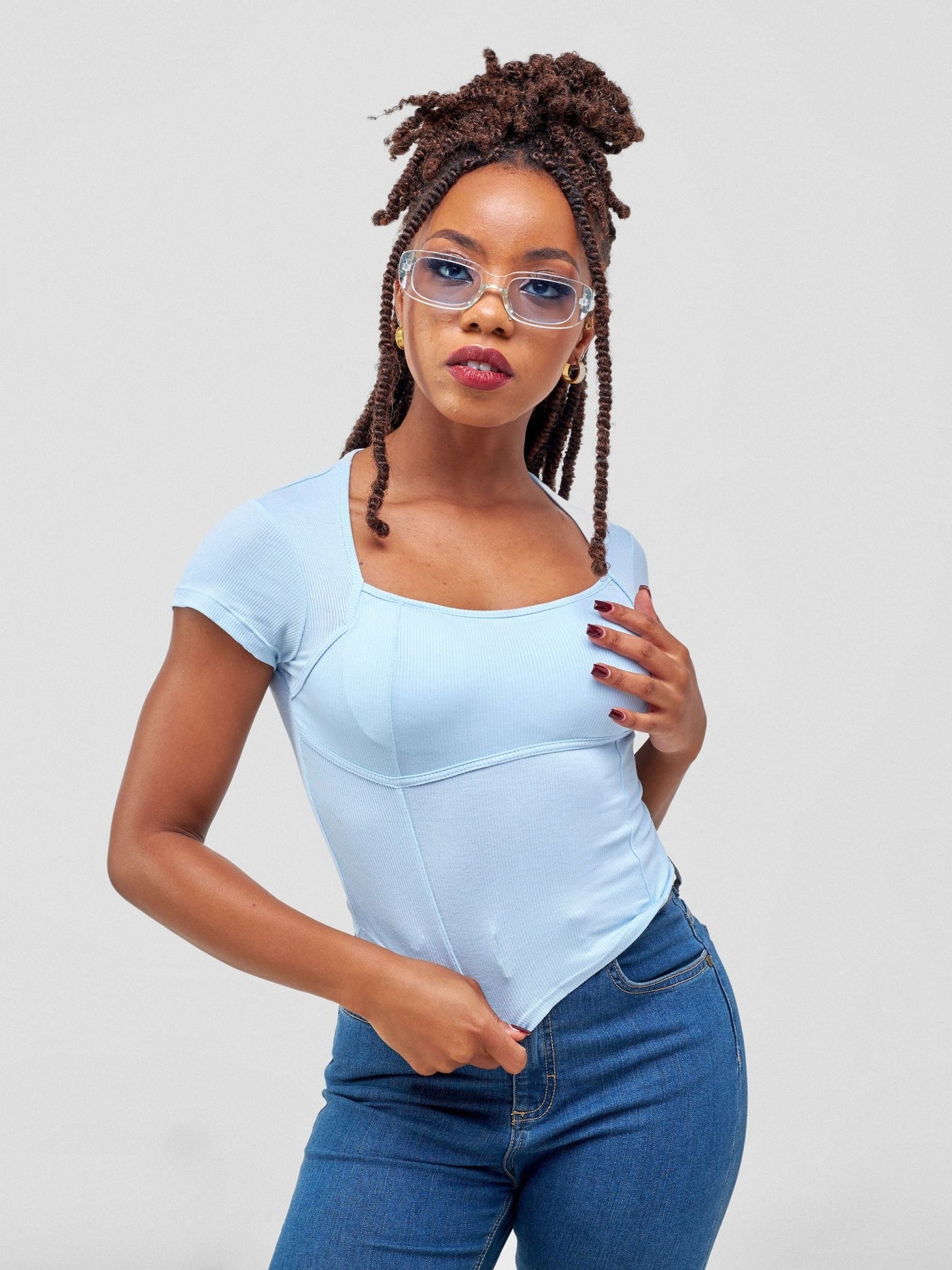 Lola Croppped Tee With Padded Bust & Corset Design - Baby Blue - Shopzetu