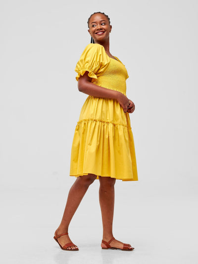 Safari Mara Shirred Bishop Sleeve Dress - Mustard - Shopzetu