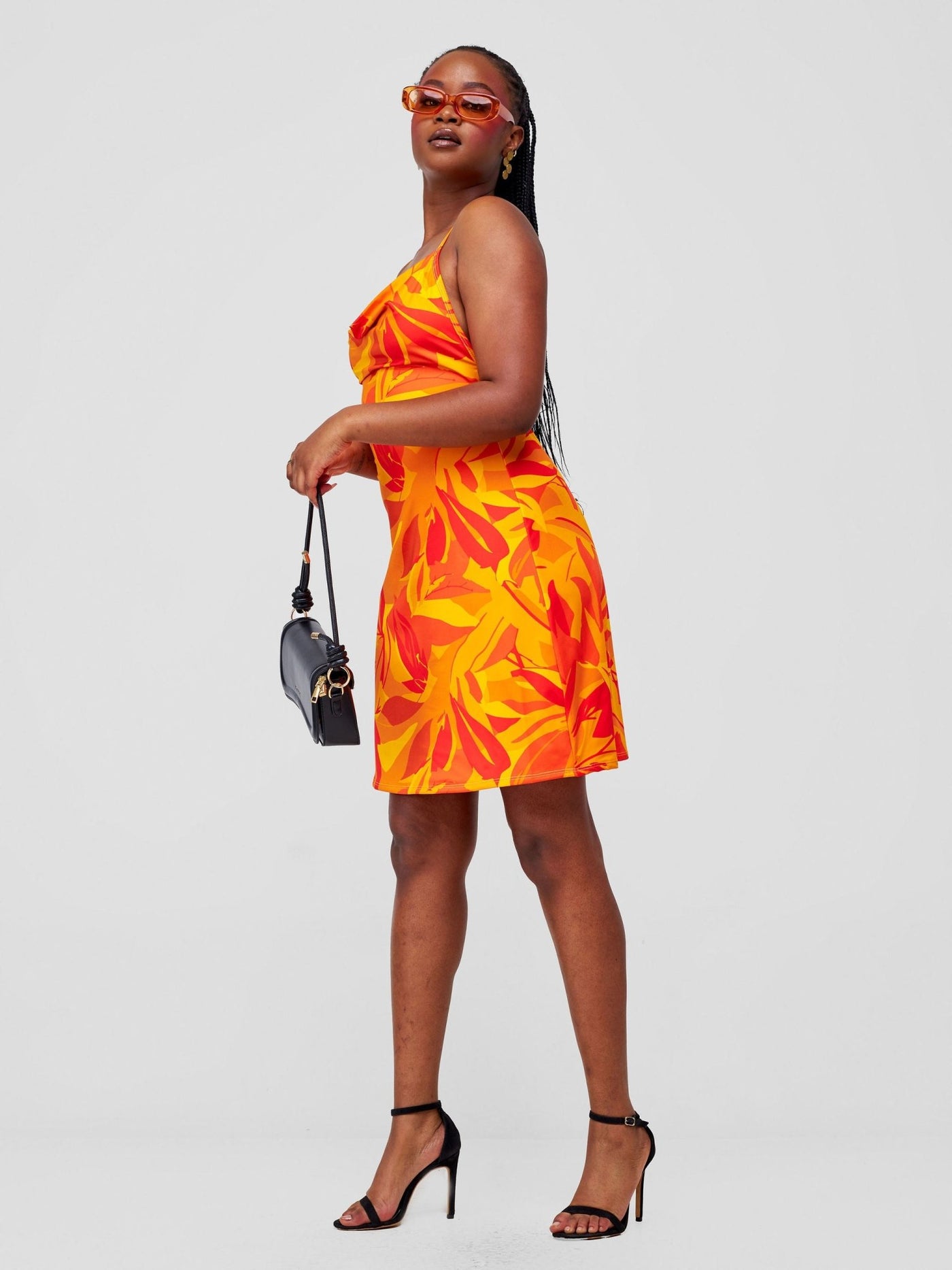 Zoya Party Cowl Bare Back Mini Dress - Safron / Mustard Waridi Print - Shopzetu