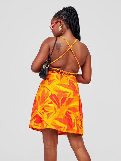 Zoya Party Cowl Bare Back Mini Dress - Safron / Mustard Waridi Print - Shopzetu