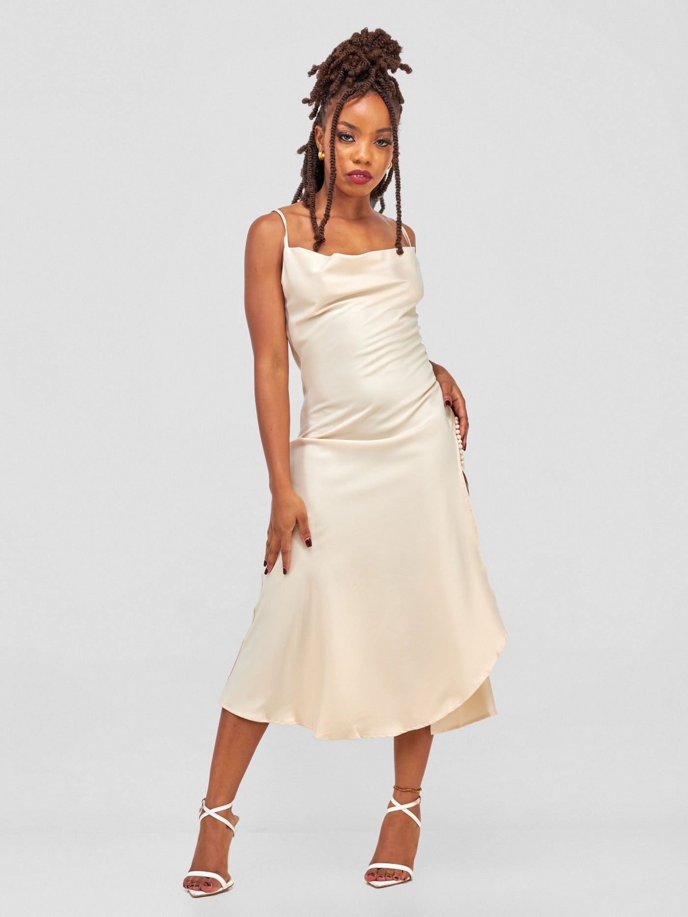 Lola Satin Slip Dress With Side Buttons - Light Brown - Shopzetu