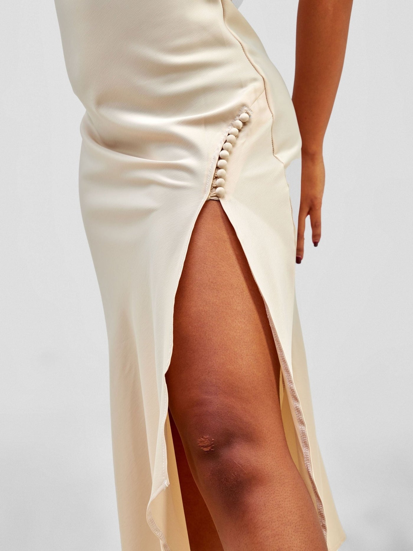 Lola Satin Slip Dress With Side Buttons - Light Brown - Shopzetu