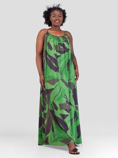 Vivo Sarabi Strappy Low Back Maxi Dress - Green / Brown Milia Print - Shopzetu