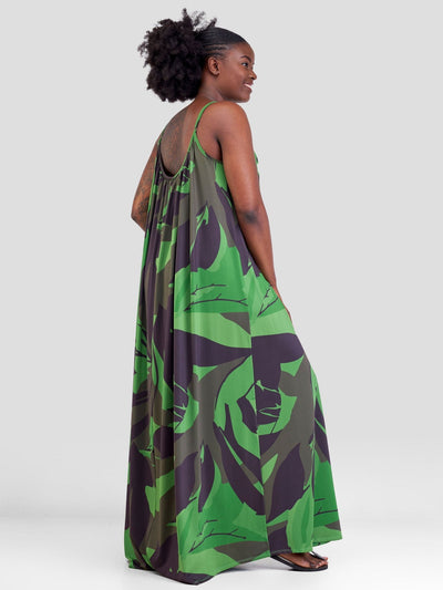Vivo Sarabi Strappy Low Back Maxi Dress - Green / Brown Milia Print - Shopzetu