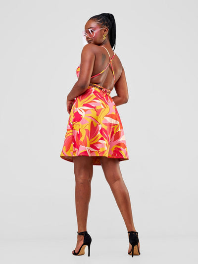 Zoya Party Cowl Bare Back Mini Dress - Taupe / Pink Waridi Print - Shopzetu