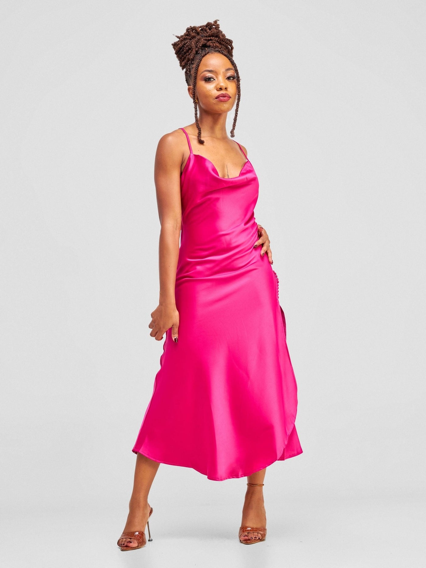 Lola Satin Slip Dress With Side Buttons - Hot Pink - Shopzetu