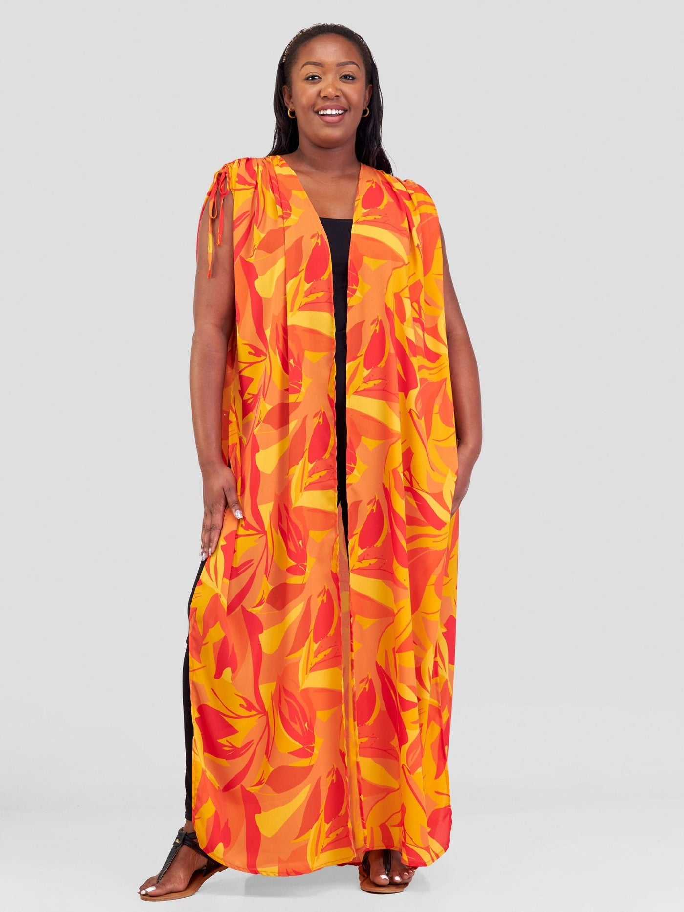 Vivo Sarabi Drawstring Maxi Kimono - Mustard / Orange Print - Shopzetu