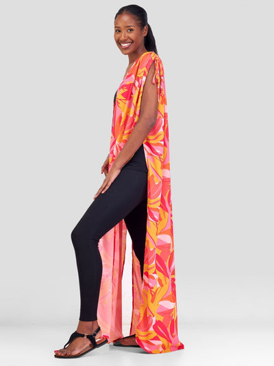 Vivo Sarabi Drawstring Maxi Kimono - Pink / Mustard Print - Shopzetu