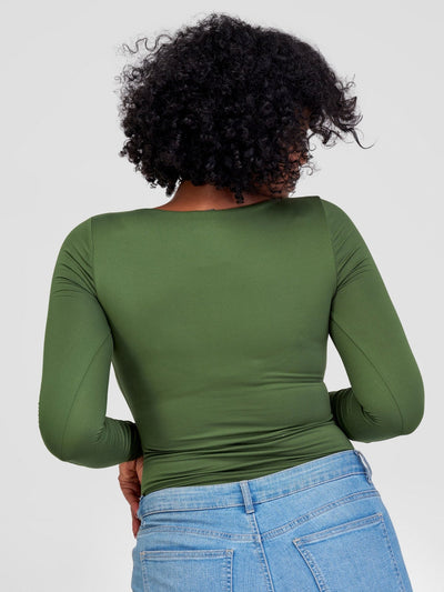 Popular 21 Seamed Detailed Double Layered Bodysuit - Olive Green - Shopzetu