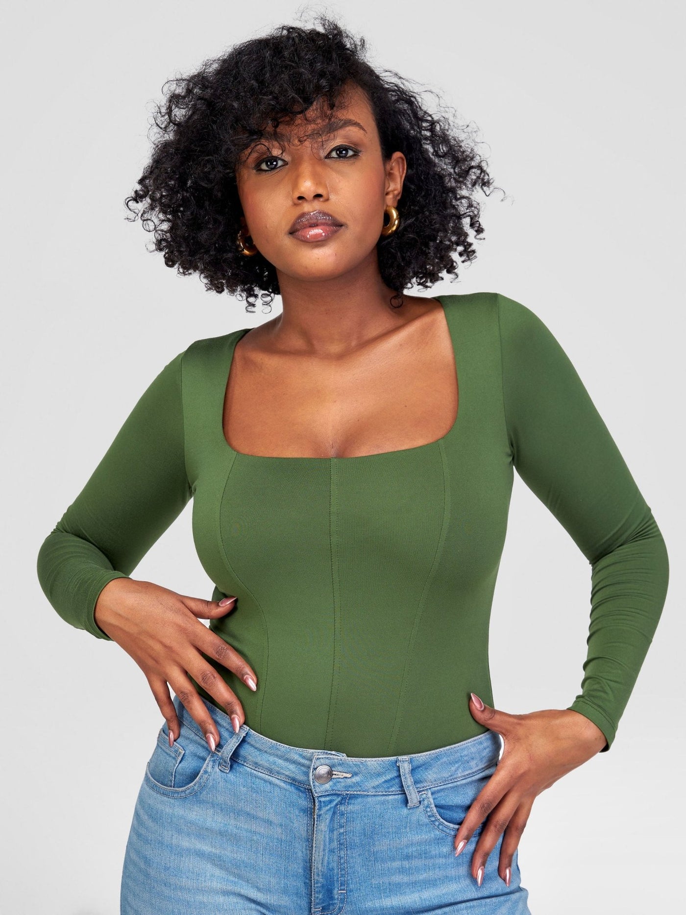 Popular 21 Seamed Detailed Double Layered Bodysuit - Olive Green - Shopzetu