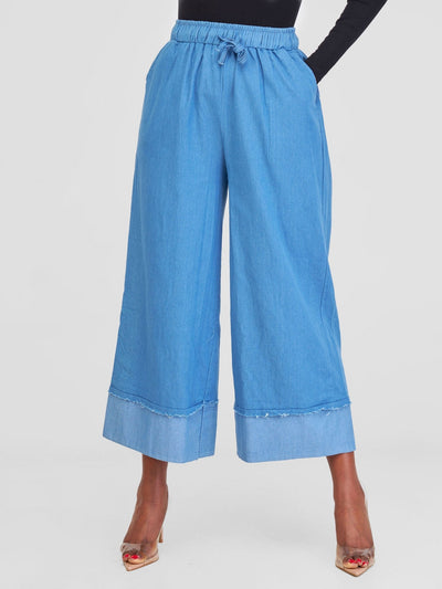 Alara Denim Culote Pants With Drawstrings - Light Blue Wash - Shopzetu