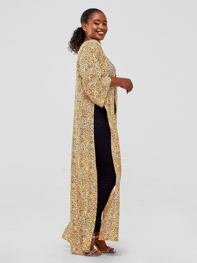 Vivo Maisha High Slit Kimono - Yellow Brown Print - Shopzetu