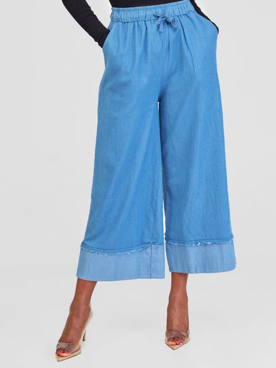 Alara Denim Culote Pants With Drawstrings - Light Blue Wash - Shopzetu
