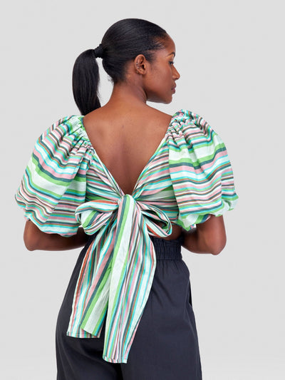 Safari Kikoy Bubble Sleeve Crop Wrap Top - Green Print - Shopzetu