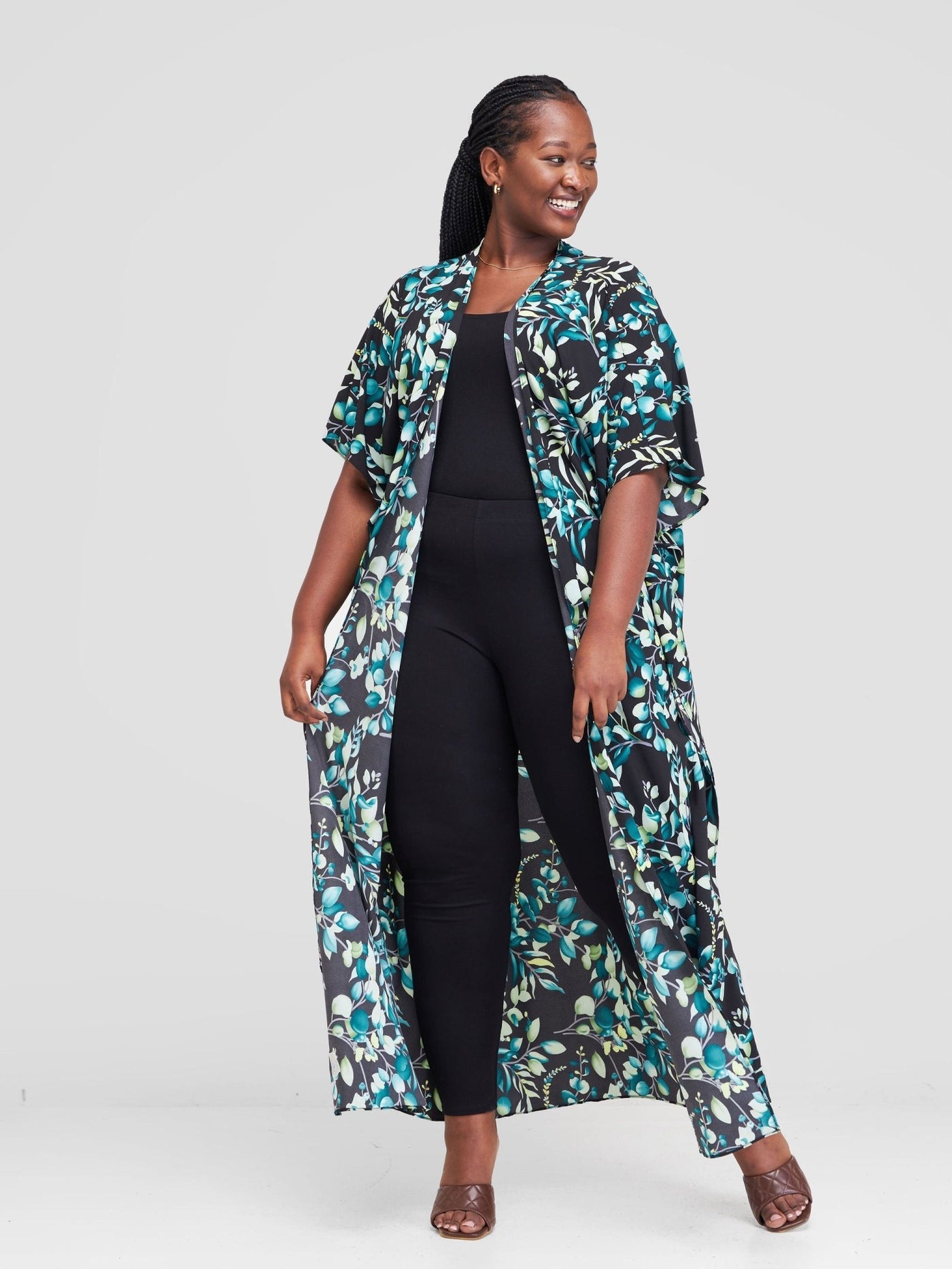 Vivo Maisha Maxi Kimono Cover Up - Teal / Black Floral Print - Shopzetu