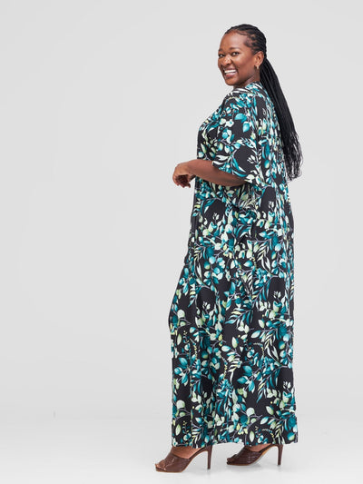 Vivo Maisha Maxi Kimono Cover Up - Teal / Black Floral Print - Shopzetu