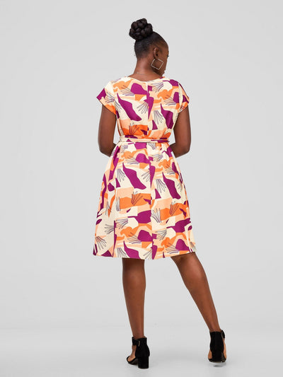 Vivo Basic Cap Sleeve Tent Knee Length Dress - Orange Wimbi Print - Shopzetu