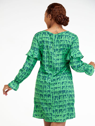 Vivo Ziwa Ruffle Long Sleeve Shift Dress (Petite) - Green / Navy Blue Zuri Abstract Print