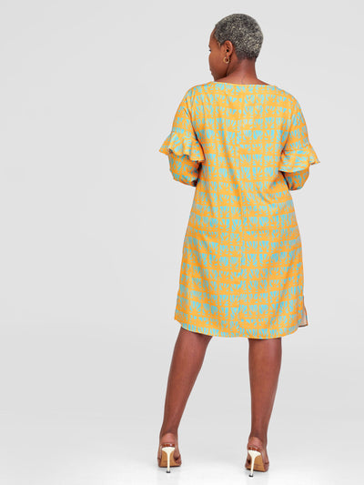 Vivo Ziwa Ruffle Long Sleeve Shift Dress (Petite) -  Mustard / Teal Mtende Abstract Print