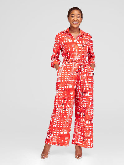 Vivo Ziwa 3/4 Sleeve Collar Jumpsuit - Red / Off White Zuri Abstract Print