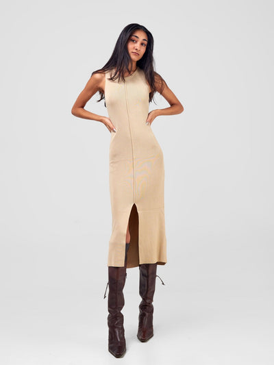 Carrie Wahu X SZ A-Line Sleeveless Ribbed Dress W/Front Slit - Beige - Shopzetu