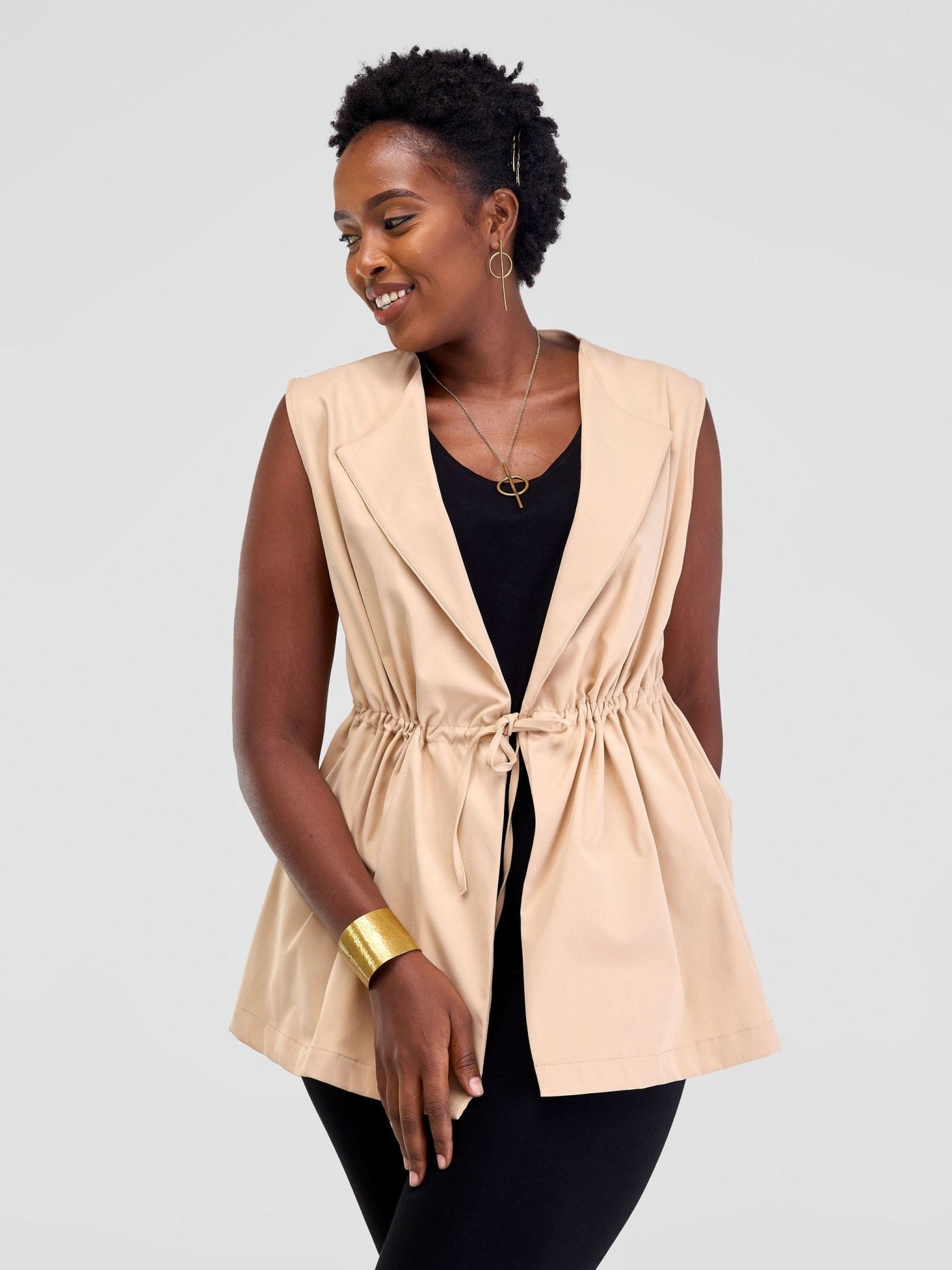 Safari Lira Sleeveless Coat - Taupe - Shopzetu