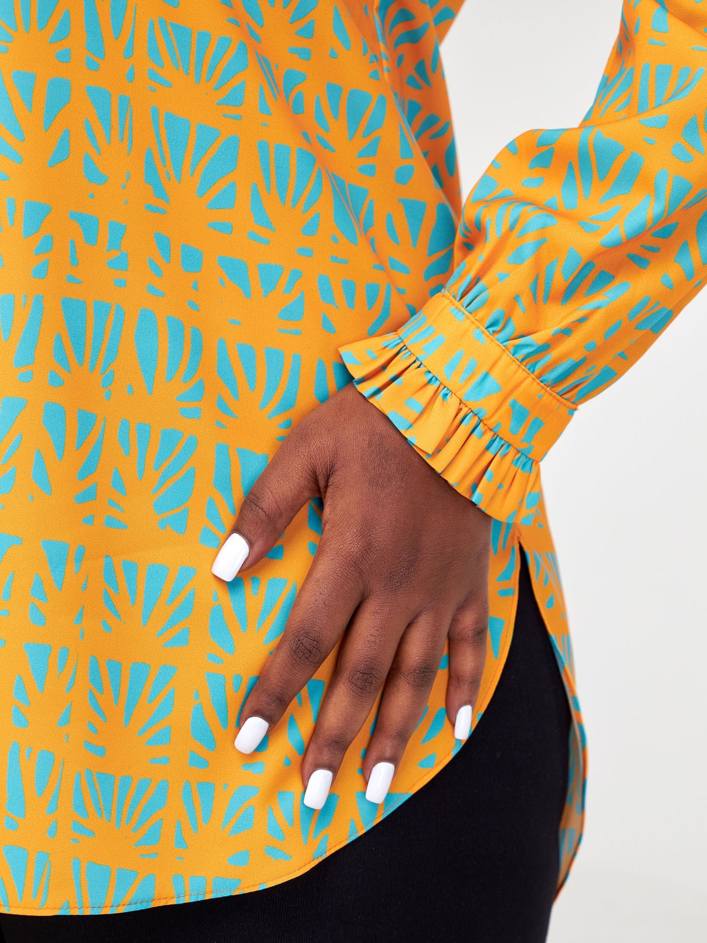 Vivo Ziwa V-Neck Long Sleeve Cuff Tunic - Mustard / Teal Mtende Abstract Print