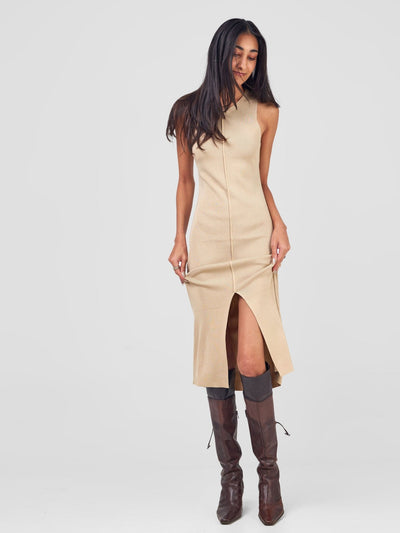 Carrie Wahu X SZ A-Line Sleeveless Ribbed Dress W/Front Slit - Beige - Shopzetu