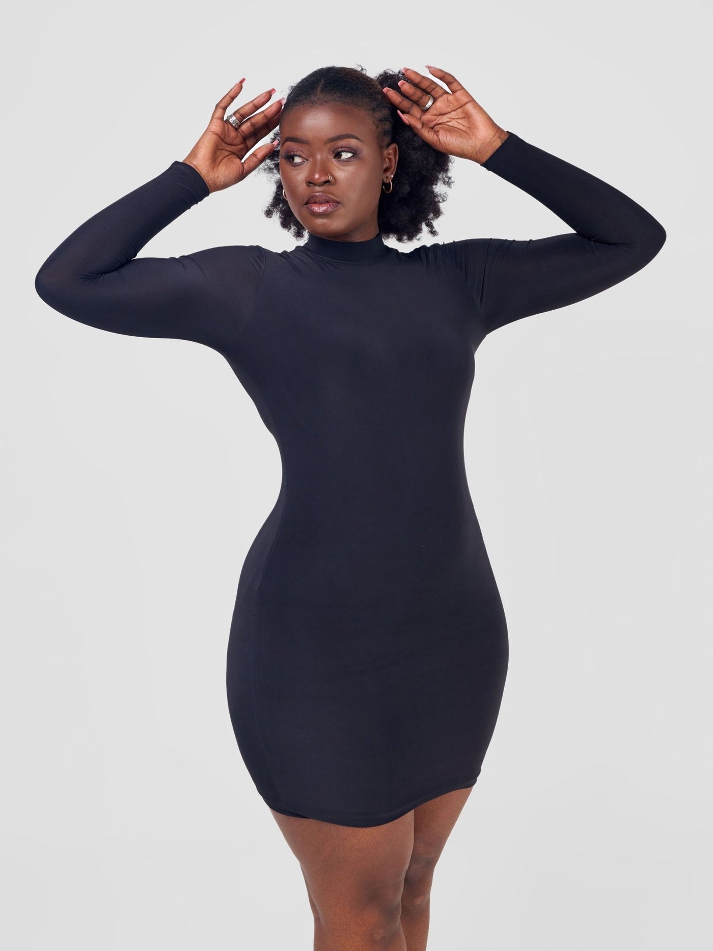 Carrie Wahu X SZ Long Sleeve Mock Neck Double Layered Mini Dress - Black - Shopzetu