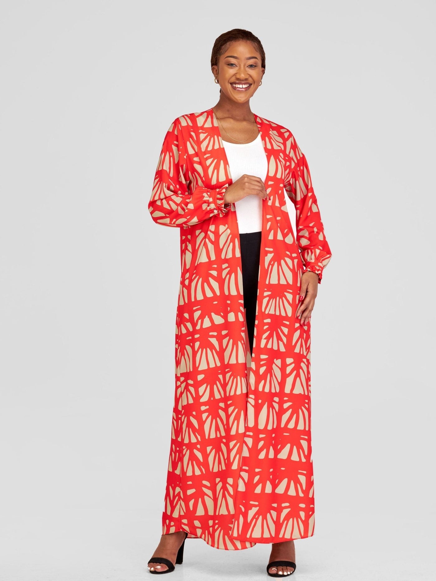 Vivo Ziwa Long Sleeve Ruffle Cuff Maxi Kimono - Red / Taupe Mtende Abstract Print - Shopzetu