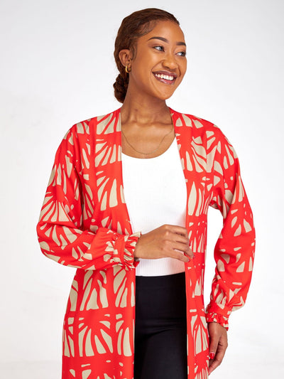 Vivo Ziwa Long Sleeve Ruffle Cuff Maxi Kimono - Red / Taupe Mtende Abstract Print - Shopzetu